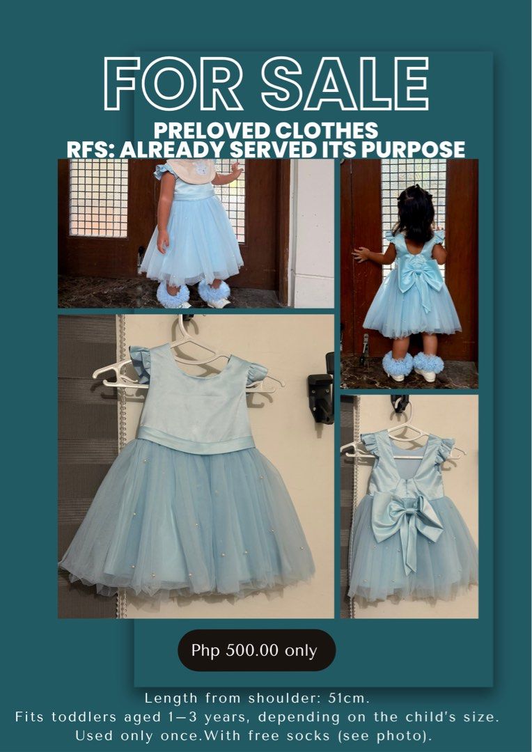 Blue Toddler Dress with Socks (Category: Babies & Kids Fashion) located in General Trias. Submitted by bustillofmargarette (Listing ID 1439407920, Image 1). Description: - Adorable preloved toddler dress - Light blue color - Tulle skirt - Bow detail on the back - Includes free matching socks - Length: 51cm from shoulder - Fits toddlers aged 1-3 years (depending on size) - Used only once.