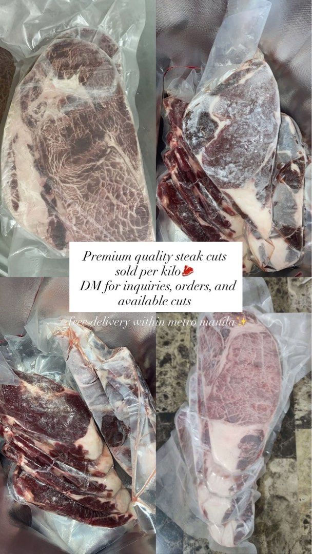 PREMIUM STEAK CUTS🥩 (Category: Chilled & Frozen Food) located in Manila. Submitted by dailycartph (Listing ID 1439287183, Image 1). Description: 🥩 PREMIUM STEAK CUTS SOLD PER KILO AVAILABLE DAILY 🔥 DM for inquiries & orders 📩 Restaurant-quality • Fresh cuts • Sulit prices AUS WAGYU RIBEYE USDA RIBEYE WAGYU CUBES .
