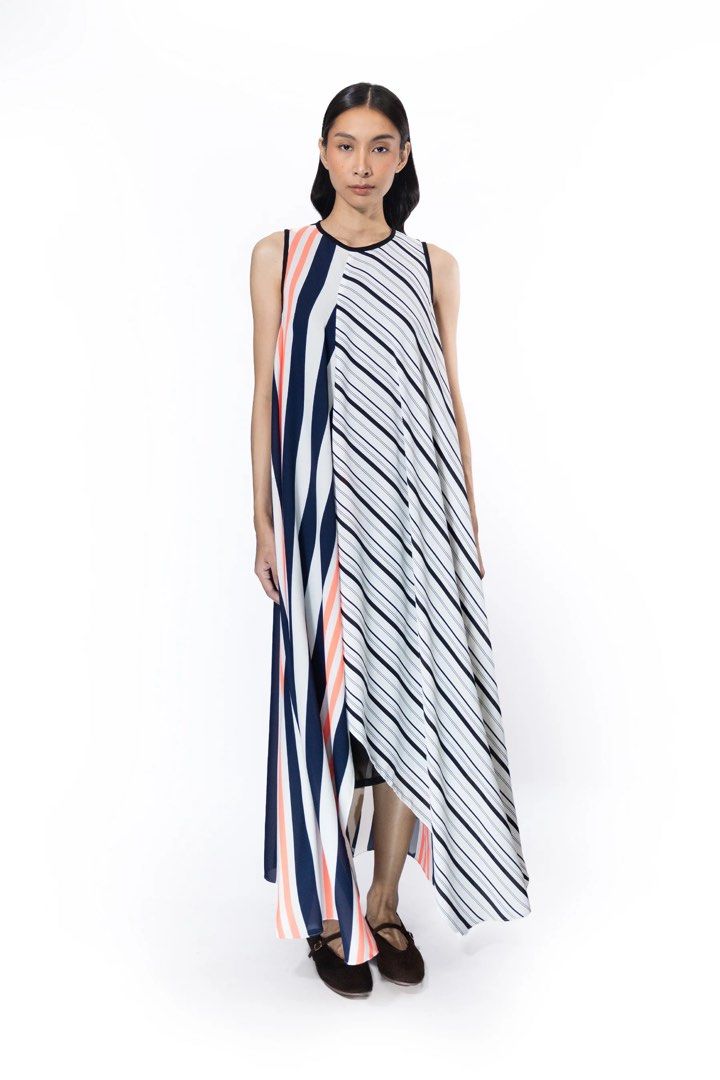 Rajo Laurel Exeter Maxi Striped Dress (Category: Dresses) located in Quezon City. Submitted by quietarchive (Listing ID 1439351537, Image 1). Description: - Rajo Spring/Summer 2026 -Brandnew -Worn Once -Retails for 11k (Steal price!) -Price is firm - Sleeveless and round-neck design - Asymmetrical hemline - Unique striped pattern in navy, coral, and white - Elegant and suitable for various occasions -Helping tags: cjc, carl jan cruz , Jos, The Ra