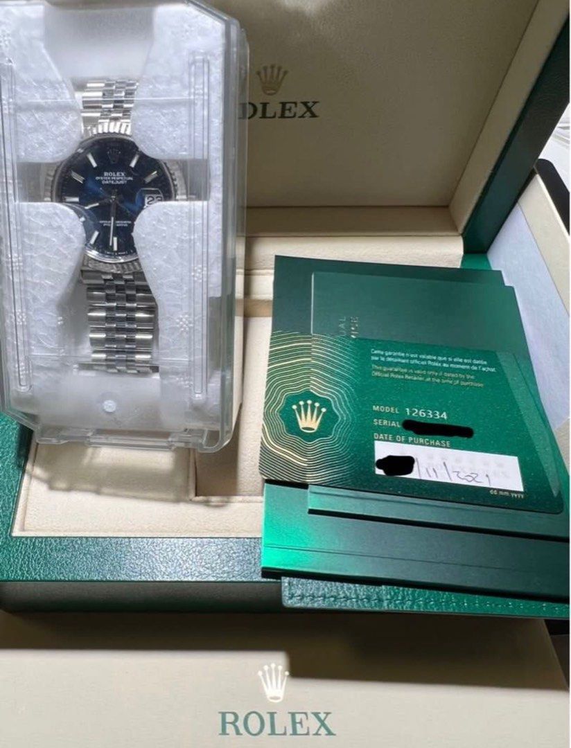 Rolex Oyster Perpetual Datejust 126334 (Category: Luxury Watches) located in Manila. Submitted by yassssir (Listing ID 1439327633, Image 1). Description: - Rolex Oyster Perpetual Datejust 126334 - Stunning blue dial - Stainless steel Jubilee bracelet - Elegant fluted bezel - Includes original box, papers, and warranty card - Model Number: 126334 - Date of Purchase: 10/1/21 -condition: lightly Used.