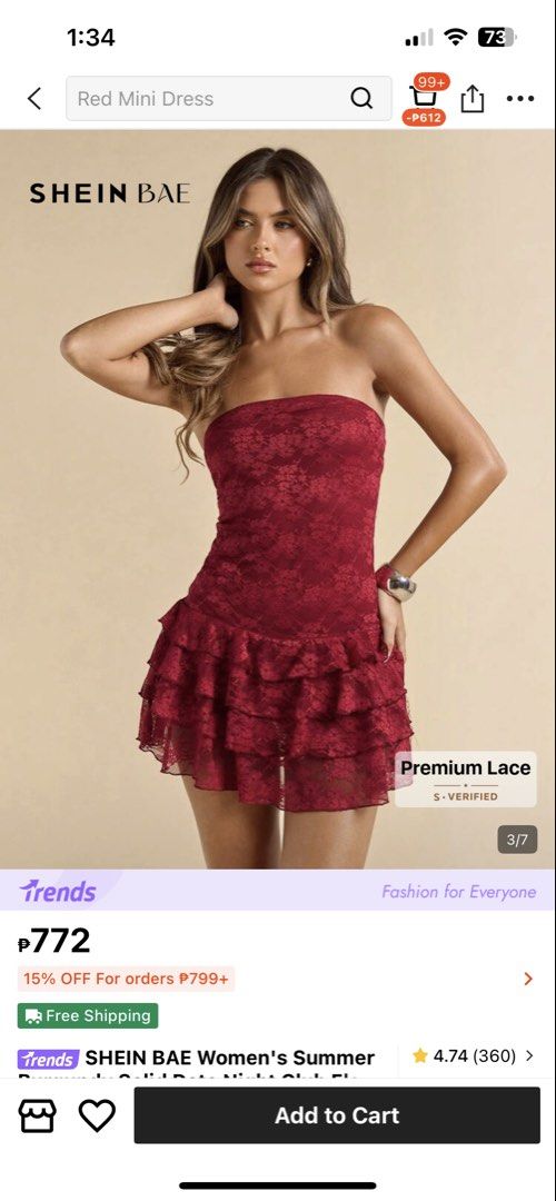 SHEIN BAE Red Mini Dress lace (Category: Dresses) located in Manila. Submitted by iuchan (Listing ID 1439294730, Image 1). Description: - SHEIN BAE mini dress - Strapless design - Layered ruffle skirt - Made of premium lace - Vibrant burgundy color - Ideal for summer - Stylish for any occasion.
