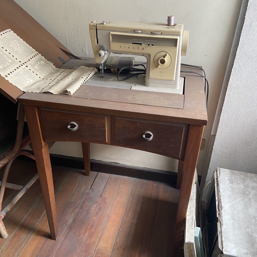 Singer Stylist 630 Sewing Machine (Category: Other Home Appliances) located in Paranaque City. Submitted by furniture_seller_jay (Listing ID 1439266950, Image 2). Description: 110 volt Good for displaying - Vintage Singer Stylist 630 sewing machine - Cream-colored body - Wooden cabinet with two drawers - Fold-out extension - Visible stitch width and needle position selector .
