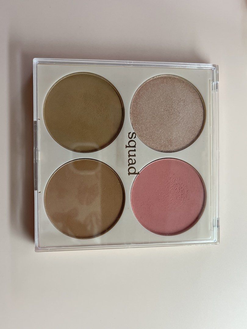 Squad Contour and Blush Palette (Category: Makeup) located in Cavite. Submitted by hiimclover (Listing ID 1439361032, Image 3). Description: Tried twice only - Squad palette with blush, bronzer, highlighter, and contour. - Includes four shades. - Compact, clear case. - Net weight: 20g. - Expiration date: 2030. - Ingredients and usage details on the back..