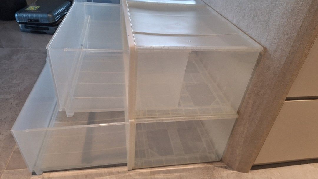 Stackable Plastic Storage Boxes (Category: Storage Boxes & Baskets) located in Petaling Jaya. Submitted by secretlover885 (Listing ID 1439420564, Image 3). Description: - Stackable plastic storage boxes - Clear design for easy content visibility - Pull-out drawers for convenient access dimensions for each box: 55x 44x 29cm bought in Muji store, good quality and condition RM80 for all.