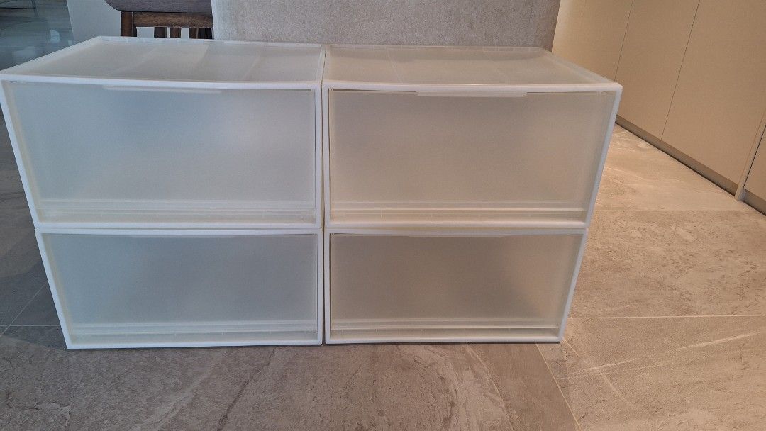 Stackable Plastic Storage Boxes (Category: Storage Boxes & Baskets) located in Petaling Jaya. Submitted by secretlover885 (Listing ID 1439420564, Image 1). Description: - Stackable plastic storage boxes - Clear design for easy content visibility - Pull-out drawers for convenient access dimensions for each box: 55x 44x 29cm bought in Muji store, good quality and condition RM80 for all.