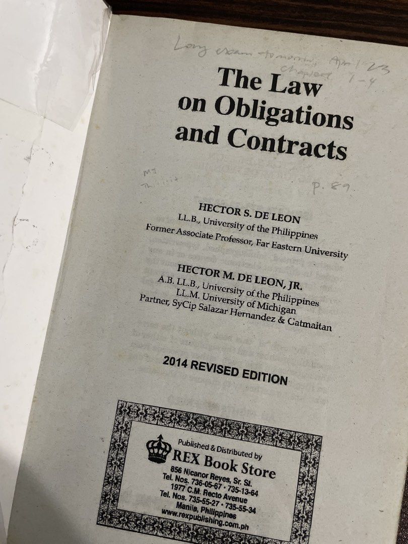 The Law on Obligations and Contracts 2014 (Category: Textbooks) located in Quezon City. Submitted by malfoy_declutter (Listing ID 1439355445, Image 2). Description: The Law on Obligations and Contracts Authors: Hector S. De Leon & Hector M. De Leon, Jr. Edition: Revised Edition (2014) Publisher: REX Book Store .