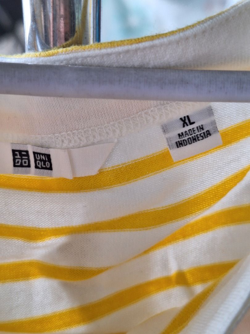 Uniqlo Striped T-shirt (Category: Tshirts & Polo Shirts ) located in Malaybalay. Submitted by mags_sofia (Listing ID 1439364366, Image 2). Description: - Uniqlo striped t-shirt - Color: Yellow and white - Size: XL - Made in Indonesia - Material: 100% cotton - Features: Round neckline, short sleeves - Perfect for casual wear MOP: GCash, BPI Transfer MOD: LBC COP (SF is paid upon pickup); J&T (initial payment is 100 pesos; increment and decrement a