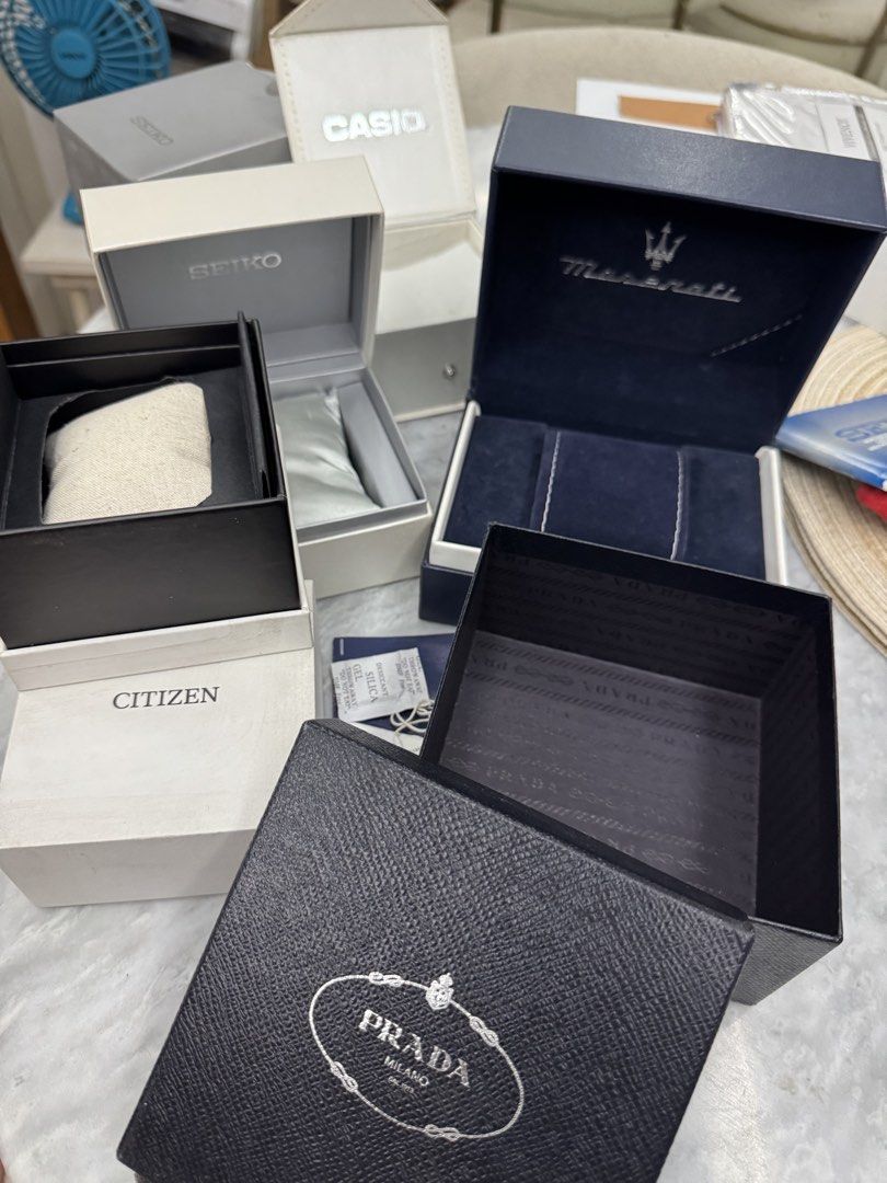 Watch Boxes - Prada Seiko Citizen Maserati Casio (Category: Luxury Watches) located in Quezon City. Submitted by kisses14 (Listing ID 1439342934, Image 2). Description: Price is per piece Prada - no inclusions, box only Seiko - with external box, watch cushion, manual SOLD Citizen - with watch cushion, paper bag (box with dust marks) SOLD Maserati - with external box, watch cushion Casio - with watch cushion (box with dust marks) Cartier - with h