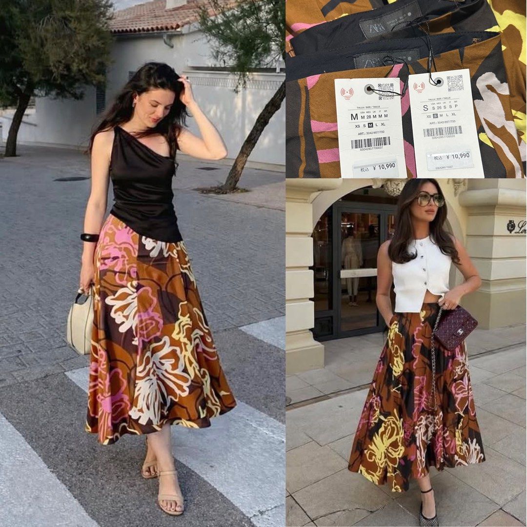 ZARA Brown Printed Asymmetric Skirt (Category: Skirts) located in Manila. Submitted by ccollection_ (Listing ID 1439323656, Image 1). Description: Available size on Tag: Small- waistline 28 Medium-waistline 30❌SOLD❌.