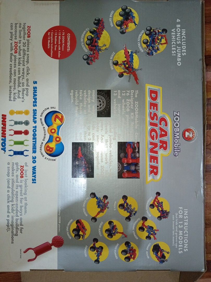 Zoob Car Designer Kit (Category: Vehicle & Diecast Models) located in Mabalacat. Submitted by kencloset (Listing ID 1439286491, Image 3). Description: - Zoob Car Designer Kit - Includes 76 Zoob pieces - 12 high-performance wheels - Instructions for 13 models - Build dozens of vehicles - Includes 4 bonus jumbo vehicles - Comes with three instruction guides - Box shows some wear.