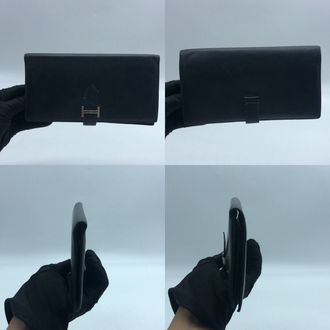 267004673 HERMES SLG BEARN BLACK (Category: Luxury Bags & Wallets) located in Taguig. Submitted by ecoring.ph (Listing ID 1439458758, Image 2). Description: ◆CONDITION: BC ◆DESCRIPTIONS: (Other defects/info:) OUTER: The body of the wallet is scratched, scuffed, stained, and dirty, and has press marks and wrinkles, and shows signs of use. The rubber lining and edges of the wallet are scratched, scuffed, stained, and dirty, and have press marks, cr