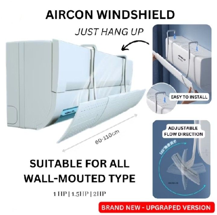 Aircon wind diffuser (Category: Home Improvement Tools & Accessories) located in Kuala Lumpur. Submitted by momoken88 (Listing ID 1439443246, Image 2). Description: - Universal aircon windshield, suitable for all wall-mounted types. - Compatible with 1HP, 1.5HP, and 2HP air conditioners. - Easy installation. - Adjustable flow direction. - Upgraded design. - Dimensions: 60-110cm( adjustable type).