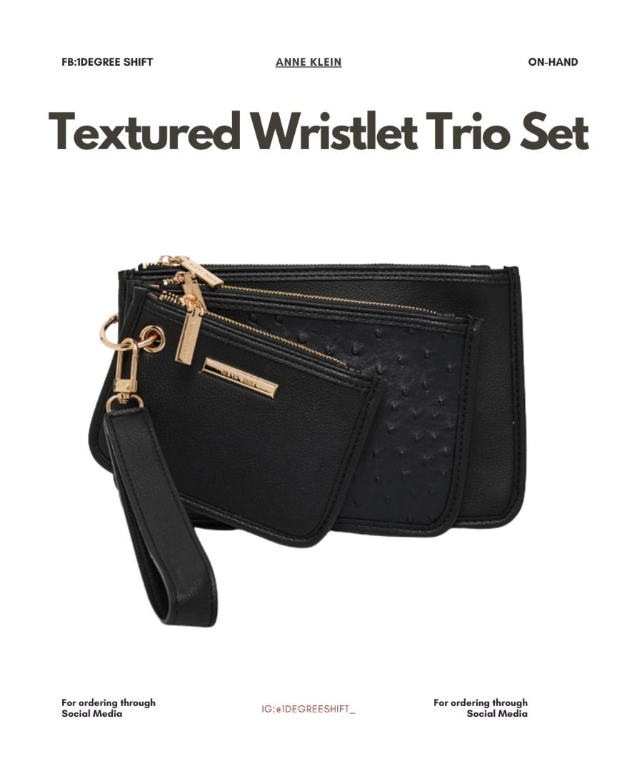 Anne Klein Textured Wristlet Trio Set (Category: Purses & Pouches) located in Caloocan City. Submitted by beady06 (Listing ID 1439593489, Image 1). Description: - Anne Klein Wristlet Trio Set - Includes three wristlets in different sizes - Color: Black - Hardware: Gold-toned - Perfect for organizing essentials - Stylish accessory - On-hand and ready to ship.