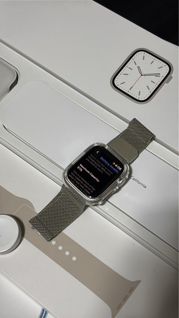 Apple Watch Series 7 (GPS) (Category: Wearables & Smart Watches) located in Manila. Submitted by clarksell (Listing ID 1439602588, Image 2). Description: - Apple Watch Series 7 (GPS) - Includes a stylish mesh band and additional watch straps - Comes with the original box, charging cable, and charging puck - Battery health: 91% - Model number: MKMY3ZP/A - Includes a clear protective case Minimal sign of usage but still good as new makinis ang watc