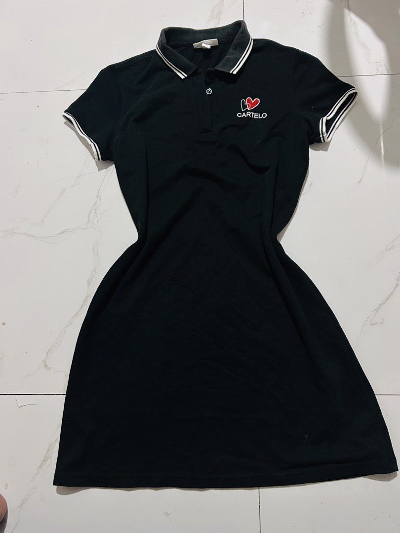 Auth cartelo polo dress (Category: Dresses) located in Bauang. Submitted by alyssaaaamm (Listing ID 1439597696, Image 1). Description: black Cartelo polo shirt dress with a white-striped collar and sleeve cuffs.small-medium.