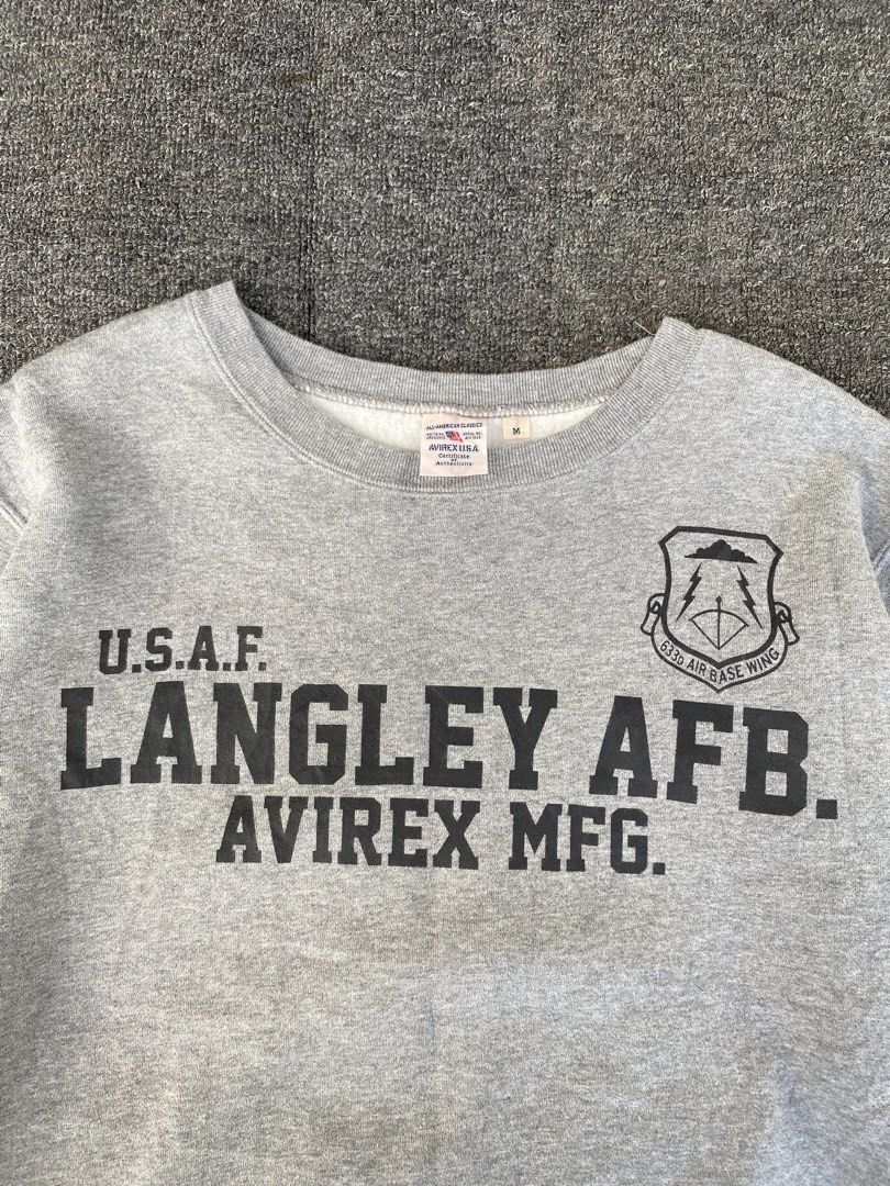 Avirex U.S.A. Langley AFB Sweatshirt (Category: Coats, Jackets and Outerwear) located in Zamboanga. Submitted by ak.hunt (Listing ID 1439568658, Image 2). Description: - Authentic Avirex U.S.A. sweatshirt - Features a Langley AFB design - Crew neck and long sleeves - Ribbed cuffs - Color: Gray - Size: M - Made in the USA - Dimension Chest-21 Shoulder-18 Sleeve-23 Length-26.