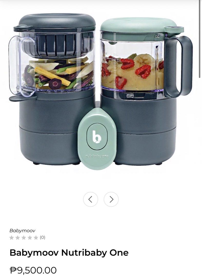 Babymoov Nutribaby One (Category: Weaning & Toddler Feeding) located in Pasig City. Submitted by apcal (Listing ID 1439436283, Image 2). Description: Original Price at +9k Selling only for ₱5,000 - Babymoov Nutribaby One: Baby food maker - Functions: Steams and blends - Features: Two compartments for cooking and blending - Accessories: Blade, steamer basket, lids - Colors: Dark grey and light green - Control Panel: Light green.