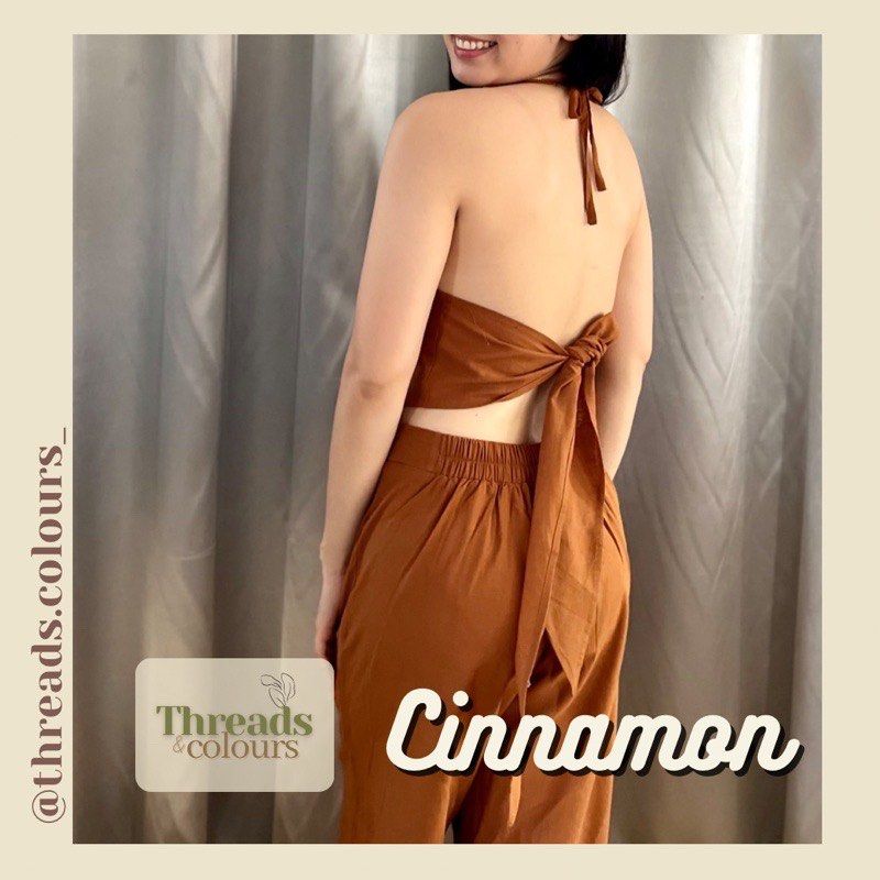 Backless string top with pleated pants set (TEA color) (Category: Sets or Coordinates) located in Angeles City. Submitted by krezzaaaa (Listing ID 1439602088, Image 2). Description: Size: one size can fit from xs to medium. Pants can fit 26-30.