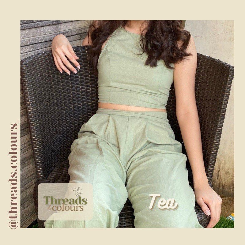 Backless string top with pleated pants set (TEA color) (Category: Sets or Coordinates) located in Angeles City. Submitted by krezzaaaa (Listing ID 1439602088, Image 1). Description: Size: one size can fit from xs to medium. Pants can fit 26-30.