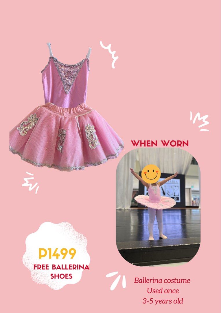 Ballet (tutu + leotard) costume withe free ballerina shoes (Category: Babies & Kids Fashion) located in Quezon City. Submitted by ajmlnd (Listing ID 1439459673, Image 1). Description: This was used once for my daughter’s ballet recital. Overall costs us 5,000..