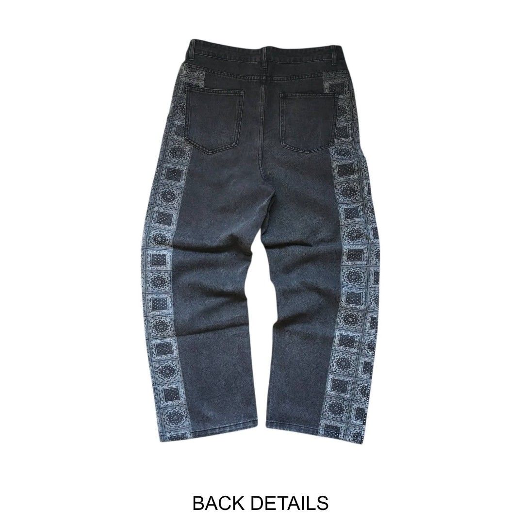 Bandana Wide Leg Jeans (Category: Jeans) located in Manila. Submitted by djs777 (Listing ID 1439465025, Image 2). Description: - Dark wash jeans - Bandana patchwork design on sides - Waist: 34 inches - Length: 41.5 inches - Leg opening: 10 inches - Classic five-pocket design.
