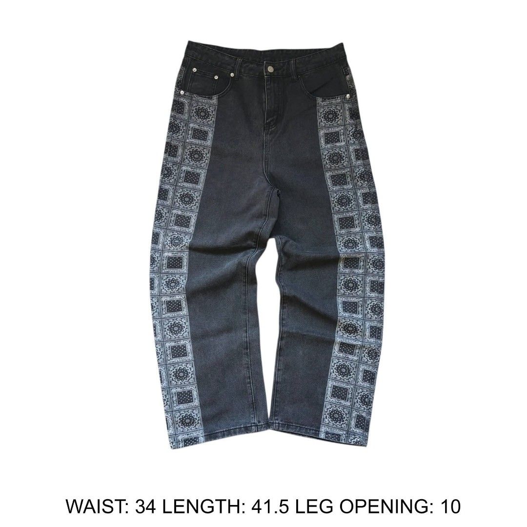 Bandana Wide Leg Jeans (Category: Jeans) located in Manila. Submitted by djs777 (Listing ID 1439465025, Image 1). Description: - Dark wash jeans - Bandana patchwork design on sides - Waist: 34 inches - Length: 41.5 inches - Leg opening: 10 inches - Classic five-pocket design.