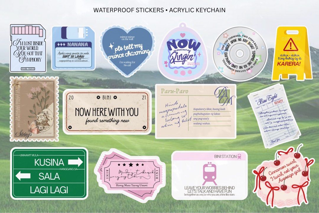BINI SONG LYRICS STICKERS (Category: Stationery & School Supplies) located in Manila. Submitted by cliquecollections (Listing ID 1439574854, Image 1). Description: BINI SONG LYRICS STICKERS ₱25.00 EACH ₱100.00 FOR 5 PIECES • VINYL STICKERS [WATERPROOF, DUST PROOF, AND FADE PROOF] • MATTE FINISHED • WITH FREEBIES • CAN BE PLACED TO TUMBLERS, LAPTOP, INSTRUMENTS, GADGET CASE, ETC..