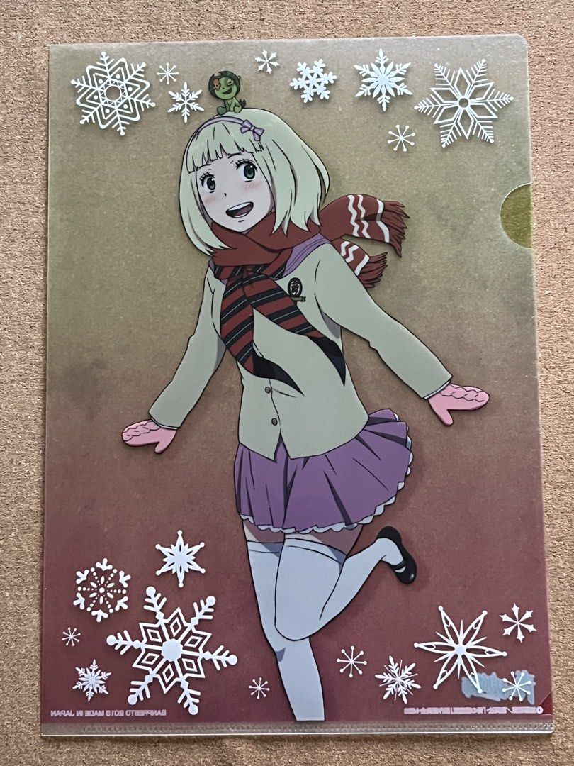 Blue Exorcist File Folder (Category: Stationery & School Supplies) located in Baguio. Submitted by gaara1234 (Listing ID 1439528839, Image 1). Description: - Anime-themed file folder - Features a female character with snowflakes - Clear plastic material - Gold-colored background - Character wearing a scarf and school uniform - Includes a small green frog - Contains Japanese text.