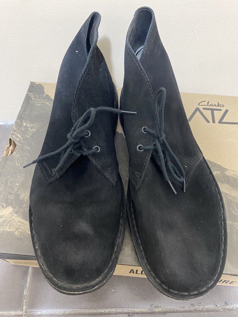 Clarks Suede Boots (chukka/desert boots) (Category: Boots) located in Muntinlupa City. Submitted by lucky_mikhail.enver (Listing ID 1439514229, Image 3). Description: - Clarks Desert Boots 11826 - Black suede - Size UK 8 / US 9 / EU 42 - Lace-up style - Durable sole - Includes a shoe box - Signs of light wear on soles and suede.