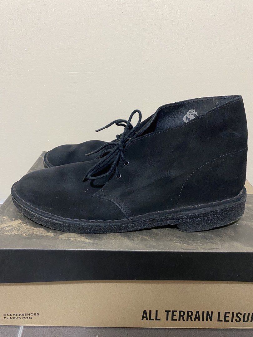Clarks Suede Boots (chukka/desert boots) (Category: Boots) located in Muntinlupa City. Submitted by lucky_mikhail.enver (Listing ID 1439514229, Image 1). Description: - Clarks Desert Boots 11826 - Black suede - Size UK 8 / US 9 / EU 42 - Lace-up style - Durable sole - Includes a shoe box - Signs of light wear on soles and suede.
