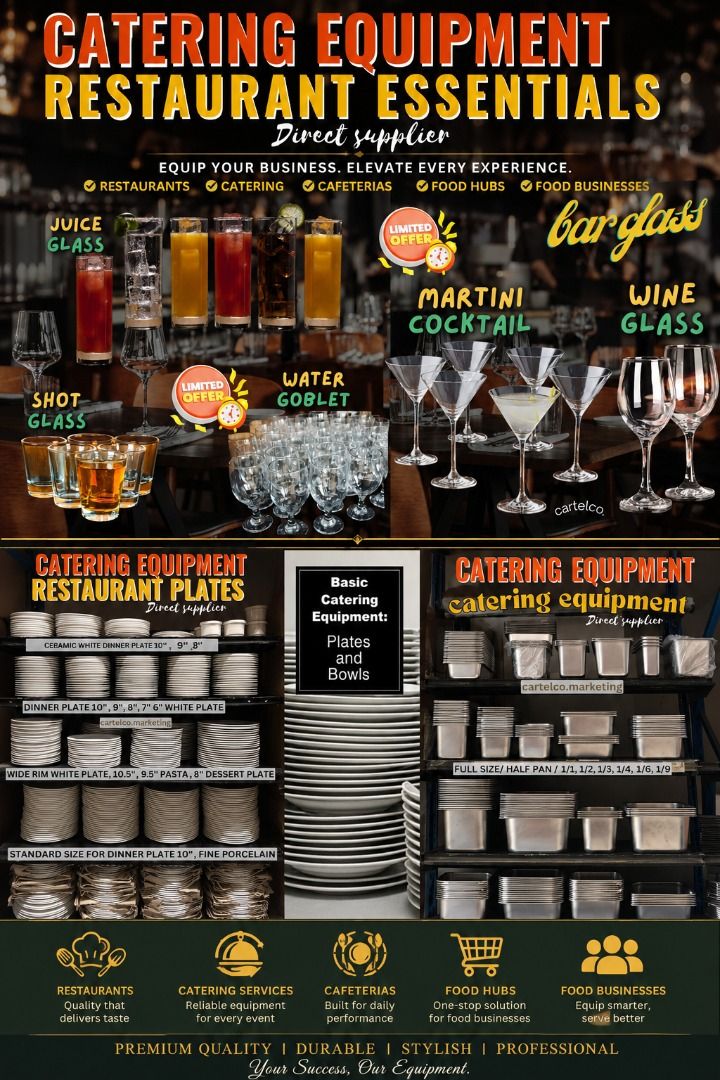 COMPLETE CATERING & RESTAURANT SUPPLIES — DIRECT SUPPLIER (Category: Dinnerware & Cutlery) located in Manila. Submitted by cartelcomnl (Listing ID 1439484016, Image 1). Description: COMPLETE CATERING & RESTAURANT SUPPLIES — DIRECT SUPPLIER! 🍷✨ Upgrade your restaurant, café, catering business, food hub, cafeteria, kiosk, or events setup with premium-quality essentials! ✅ Fine Porcelain Dinner Plates Royal dine ✅ Bar Glasses & Wine Glasses ✅ Marti