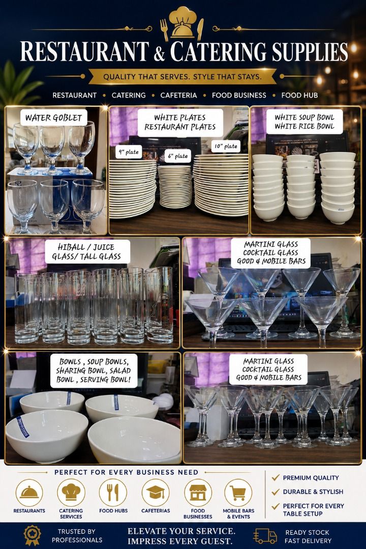 COMPLETE RESTAURANT & CATERING SUPPLIES AVAILABLE (Category: Dinnerware & Cutlery) located in Manila. Submitted by cartelcomnl (Listing ID 1439474772, Image 1). Description: COMPLETE RESTAURANT & CATERING SUPPLIES AVAILABLE Perfect for: ✅ Restaurants ✅ Catering Services ✅ Cafeterias ✅ Food Hubs ✅ Mobile Bars ✅ Hotels & Food Businesses Available Items: Water Goblets Martini / Cocktail Glass Hiball / Juice Glass White Restaurant Plates Soup Bowls /