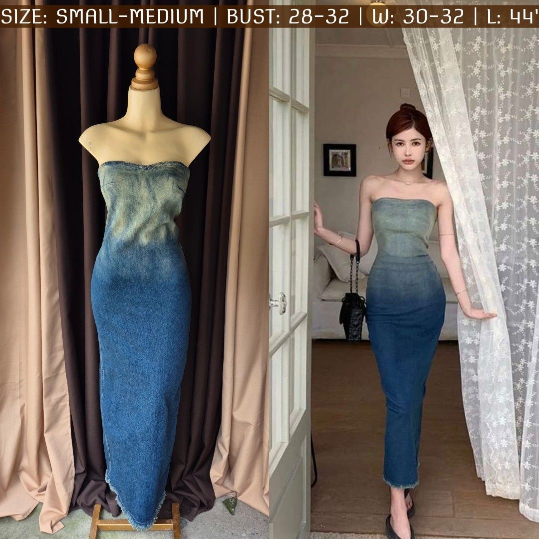 Denim Tube Dress (Category: Dresses) located in Tarlac. Submitted by bbttrendy (Listing ID 1439434801, Image 1). Description: - Ombre denim tube dress - Bodycon fit - Front zipper - Back slit - Fits small to medium sizes - Bust: 28-32 inches - Waist: 30-32 inches - Length: 44 inches.