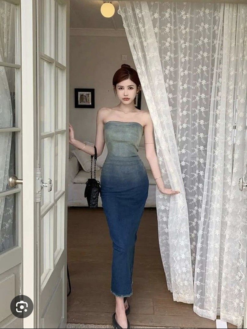 Denim Tube Dress (Category: Dresses) located in Tarlac. Submitted by bbttrendy (Listing ID 1439434801, Image 2). Description: - Ombre denim tube dress - Bodycon fit - Front zipper - Back slit - Fits small to medium sizes - Bust: 28-32 inches - Waist: 30-32 inches - Length: 44 inches.