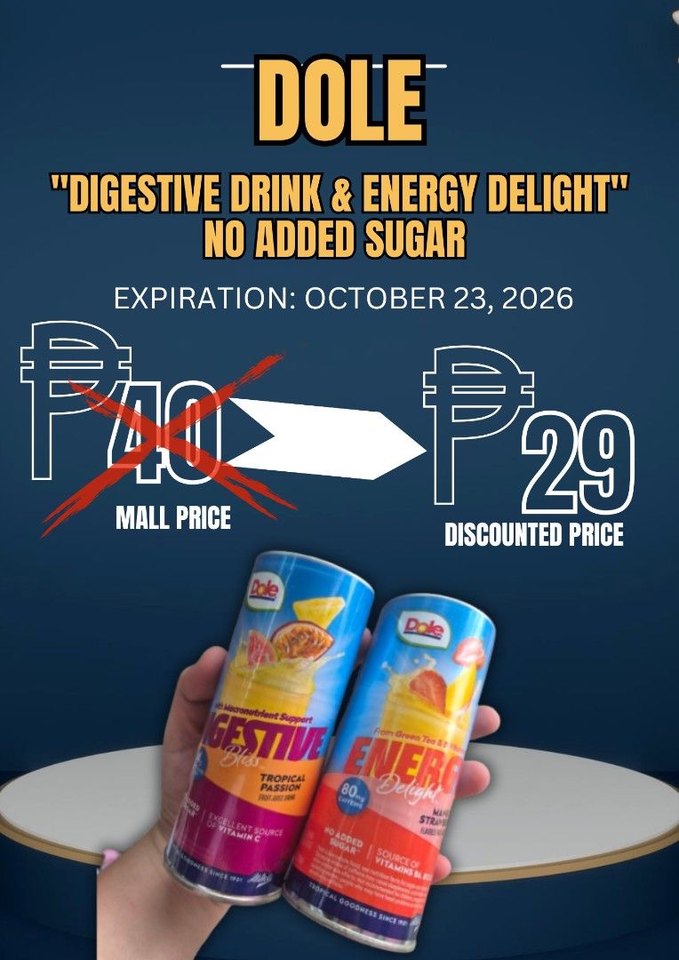 Dole Digestive & Energy Drink - No Added Sugar (Category: Beverages) located in Quezon City. Submitted by Rurikomarie (Listing ID 1439474502, Image 1). Description: FOR SALE!! SUPER SULIT DEALS! Check my page for more sale items! LOCATION: Novaliches, Quezon City - Dole Digestive Drink (Tropical Passion) and Energy Drink (Strawberry) available! - Refreshing flavors for a quick boost. - No added sugar. - Expiration Date: October 23, 2026. - Discou