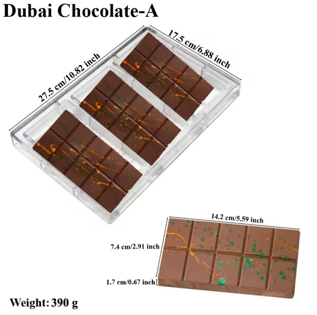 Dubai Chocolate Molder (exact size as Fix Chocolate) (Category: Other Food & Drinks) located in Antipolo. Submitted by maetiamson (Listing ID 1439445597, Image 1). Description: - Dubai Chocolate-A - exact size as Fix Chocolate - clear container (27.5 cm x 17.5 cm) - Chocolate bar dimensions: 14.2 cm x 7.4 cm - Weight: 390g - ₱400 each - 8 pcs left.