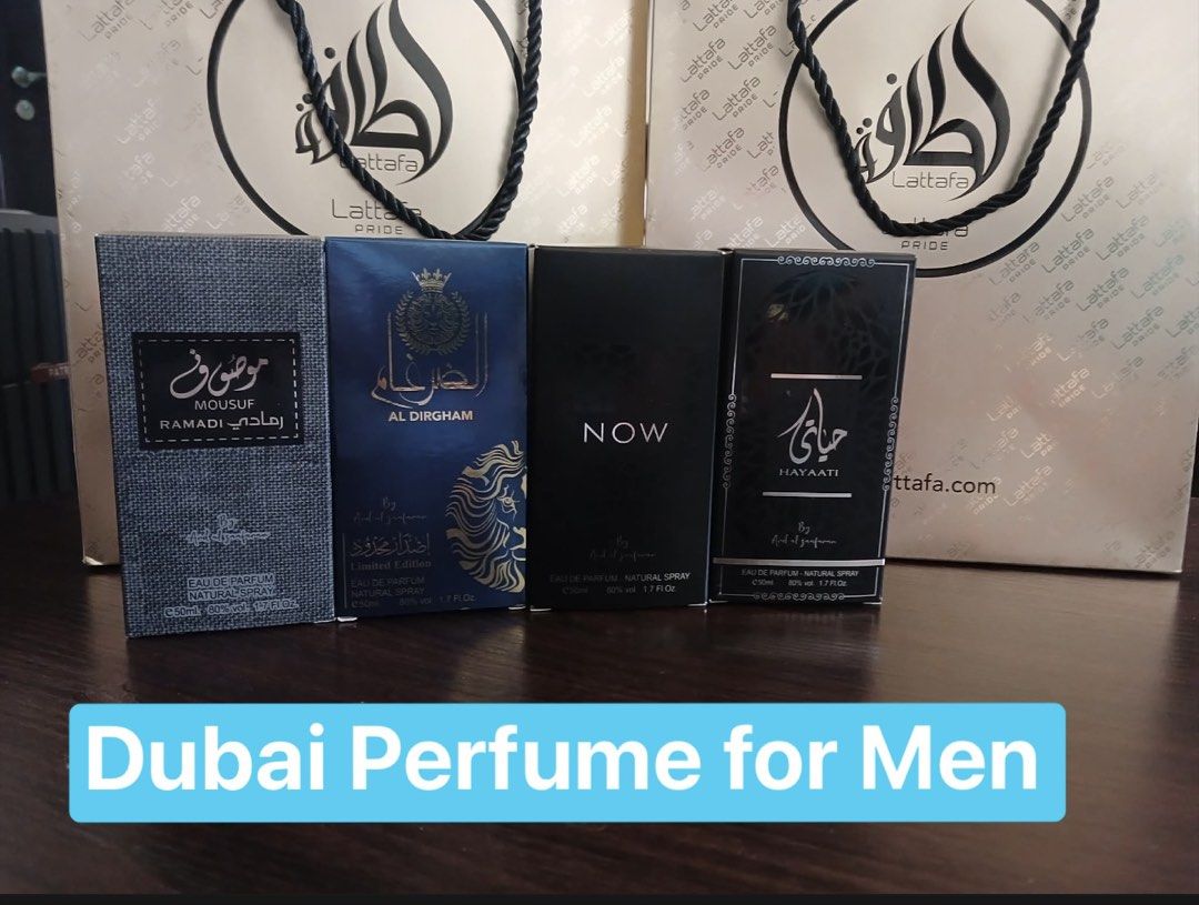 Dubai Perfume for Men 50ml (Category: Fragrance & Deodorants) located in Manila. Submitted by yram090497 (Listing ID 1439471571, Image 1). Description: - Set of Dubai perfumes for men. - Includes: Mousuf Ramadi, Al Dirgham, Now, and Hayaati. - All perfumes are in their original packaging. - Type: Natural spray..