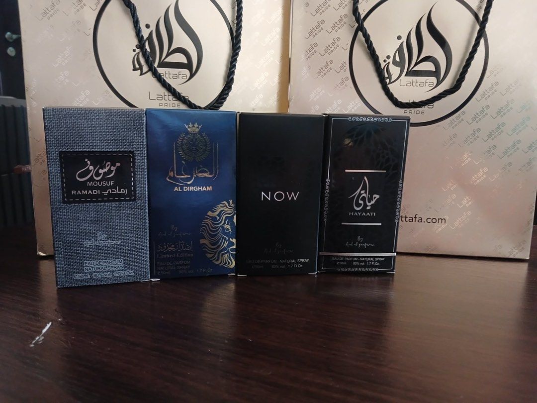 Dubai Perfume for Men 50ml (Category: Fragrance & Deodorants) located in Manila. Submitted by yram090497 (Listing ID 1439471571, Image 2). Description: - Set of Dubai perfumes for men. - Includes: Mousuf Ramadi, Al Dirgham, Now, and Hayaati. - All perfumes are in their original packaging. - Type: Natural spray..