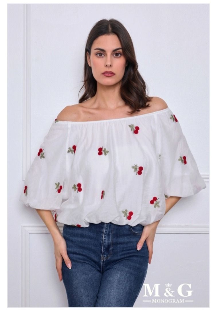 Embroidered Chiffon Cherry Top (Category: Blouses) located in Caloocan City. Submitted by tomclawset (Listing ID 1439471286, Image 1). Description: Like new condition! Brand from Paris and was part of their spring collection! ✨️ Glistening fabric and super fab pag suot na Double lined and high quality 👌 189 nalang sayo na 🥲.