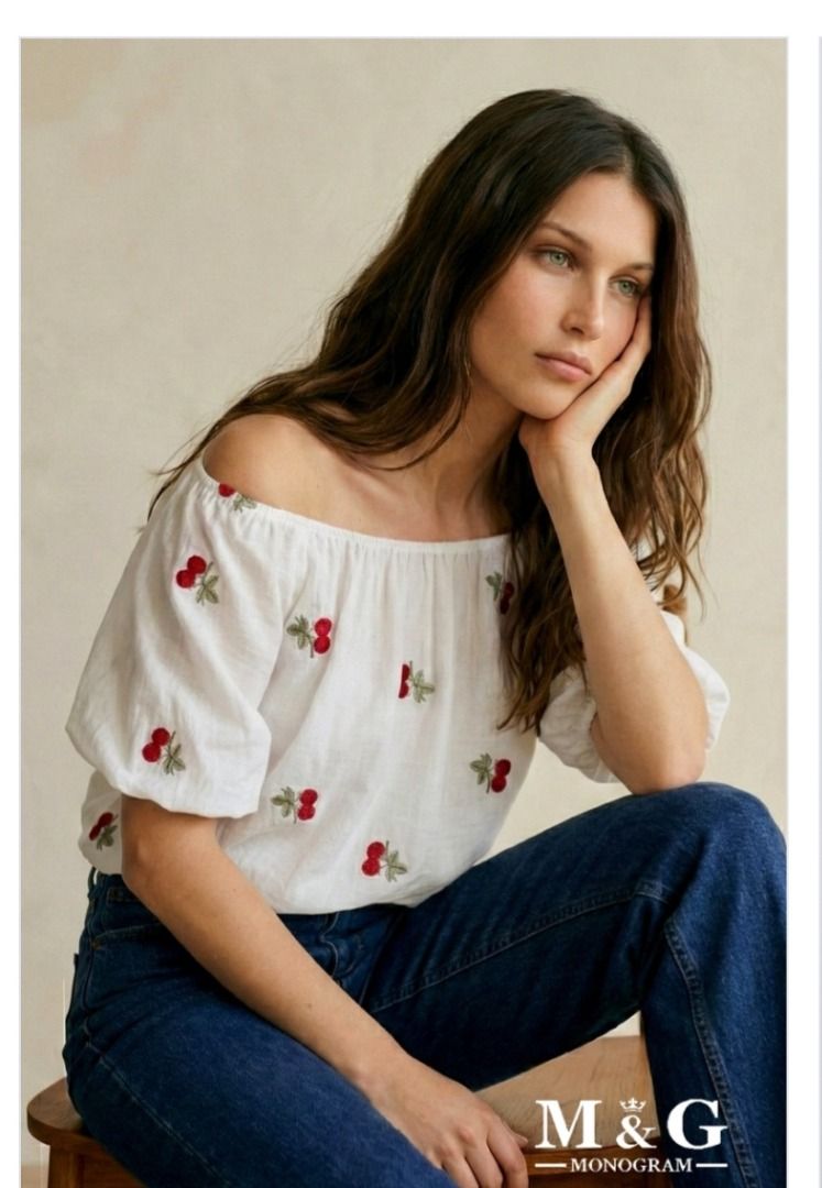 Embroidered Chiffon Cherry Top (Category: Blouses) located in Caloocan City. Submitted by tomclawset (Listing ID 1439471286, Image 3). Description: Like new condition! Brand from Paris and was part of their spring collection! ✨️ Glistening fabric and super fab pag suot na Double lined and high quality 👌 189 nalang sayo na 🥲.