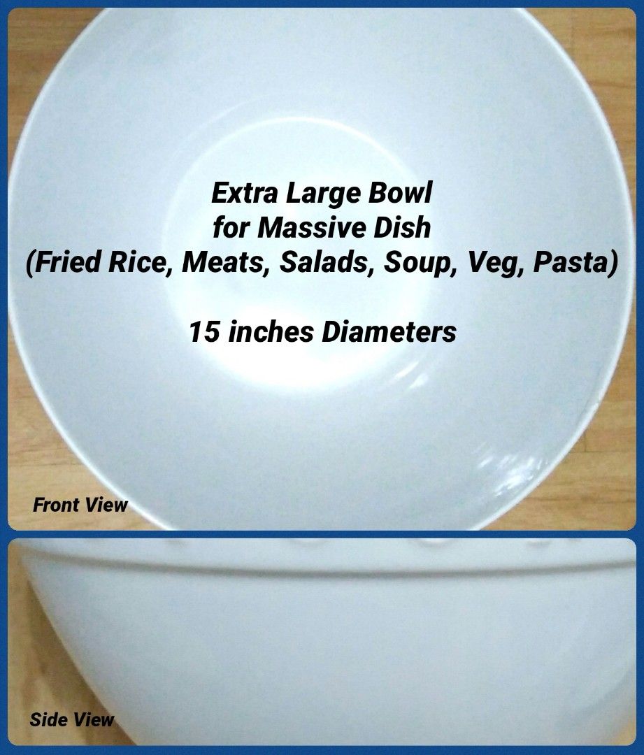 Extra Large Thick White Ceramic Preloved Multipurpose Deep Bowl for Large Massive Food Dish Container (Category: Dinnerware & Cutlery) located in Manila. Submitted by amne.hub (Listing ID 1439537331, Image 1). Description: Best for large-scale soup, fried rice, meats, vegetables, salads or assorted fruits Approximately 15 inches diameters Deep and thick ceramic material Strong and durable for long term use #dish #bowl #dinnerware #kitchenware #me