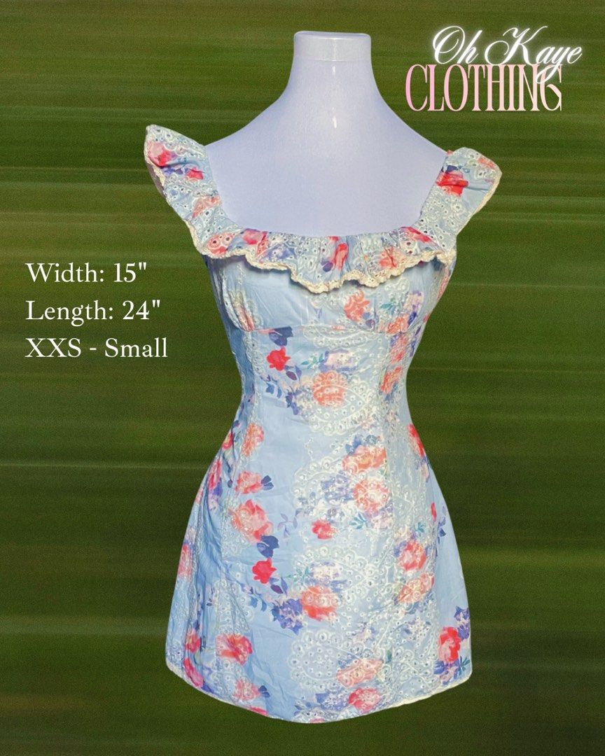 Floral Lace Mini Dress (Category: Dresses) located in Quezon City. Submitted by ohkayeclothing_ (Listing ID 1439589667, Image 1). Description: - Floral mini dress - Square neckline with ruffle details - Fitted silhouette - Light blue with pink and purple floral accents - Size: XXS - Small - Measurements: Width 15", Length 24" Color may vary due to lighting Size: Small Shipping shoulder by the buyer MOP: Gcash MOD: Grab/ LBC/ Jtexpress 📍 Fairview
