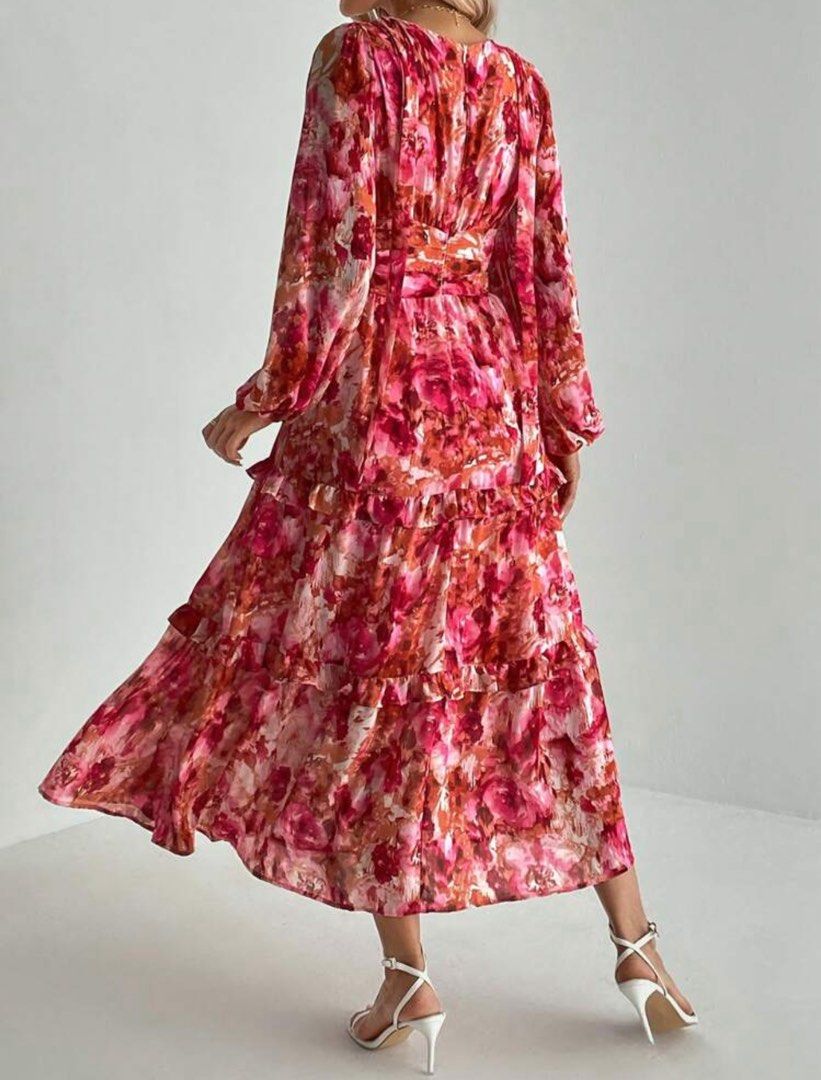 Floral Print Maxi Dress (Category: Dresses) located in Quezon City. Submitted by shop__dnce (Listing ID 1439581080, Image 2). Description: UNUSED (just washed) MEDIUM - Beautiful floral maxi dress - Vibrant pink and orange print - Flattering V-neckline - Long sleeves - Tiered skirt - Cinched waist for a defined silhouette - Ideal for special events or everyday wear.