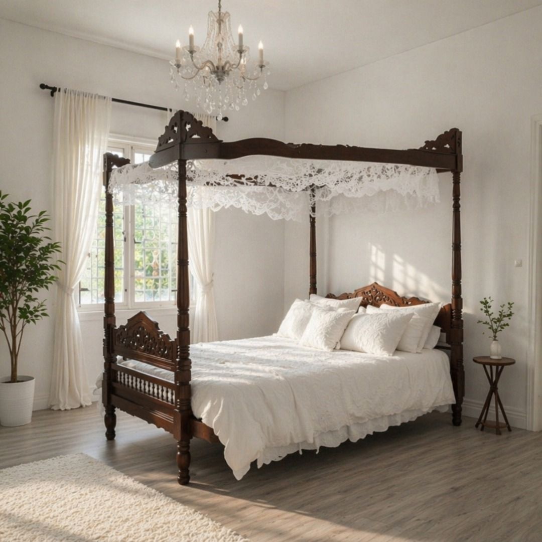 Four-Poster Bed With Intricate Hand-Carving Accent (Category: Bed Frames & Mattresses) located in Pasig City. Submitted by fine.finds (Listing ID 1439531135, Image 2). Description: Wake up on a bed that feels straight out of a heritage home with this beautifully detailed vintage four-poster bed. Its dramatic carved canopy instantly gives the room a more luxurious, cozy, and curated feel while the solid hardwood construction offers lasting durabil
