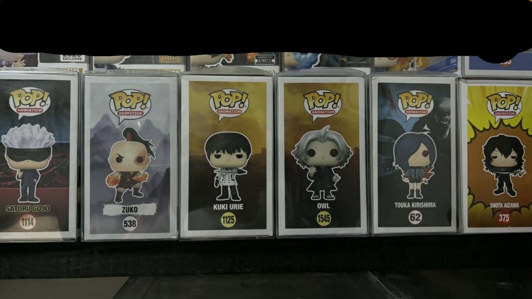 Funko Pop! Animation Figures (Category: Toys & Games) located in Taguig. Submitted by enricojoaquin (Listing ID 1439595764, Image 1). Description: FOR SALE FUNKO POP TAKE ALL ONLY Satoru Gojo 1114 Touka Kirishima 62 Kuki Urie 1125 Owl 1545 Zuko 538 Shota Aizawa 375 All with protector except for Shota Aizawa ALL NOOB, no box issues 1999 PHP VIA LALAMOVE ONLY Location: Pembo, Taguig (Near BGC) .