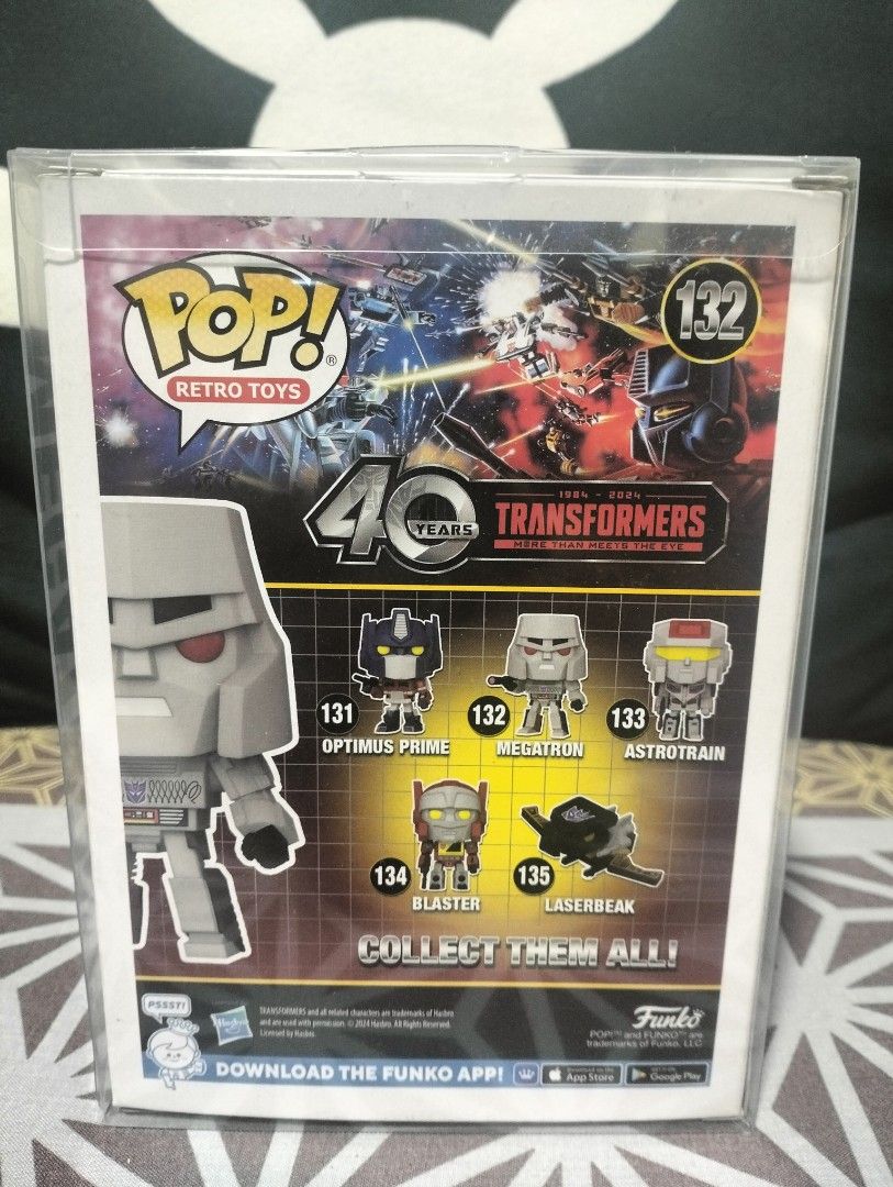 Funko Pop! Retro Toys Transformers Megatron #132 (Category: Figurines & Statues) located in Subic. Submitted by sandir (Listing ID 1439565482, Image 3). Description: Funko Pop! Retro Toys figure of Megatron from the Transformers series. This collectible figure is number 132 in the series and celebrates the 40th anniversary of Transformers. The figure is in its original packaging. The box features the Funko Pop! Retro Toys logo and the Transformer