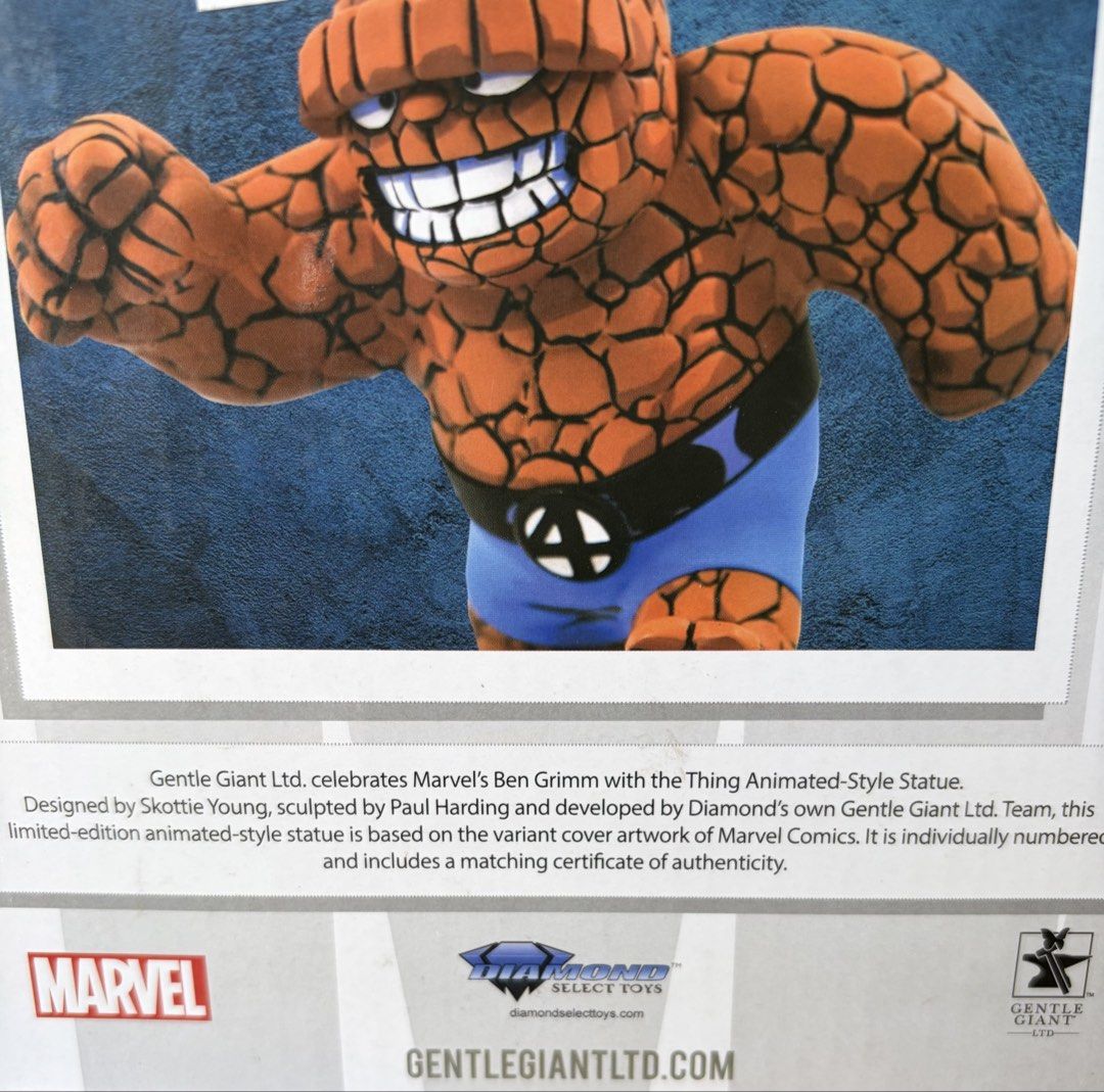 Gentle Giant Marvel The Thing Animated-Style Statue (Category: Figurines & Statues) located in Manila. Submitted by treasurepile (Listing ID 1439435002, Image 3). Description: - Marvel's The Thing Animated-Style Statue by Gentle Giant - Limited Edition - Based on Marvel Comics cover artwork - Individually numbered: 0687/3000 - Includes matching Certificate of Authenticity - Made in China.