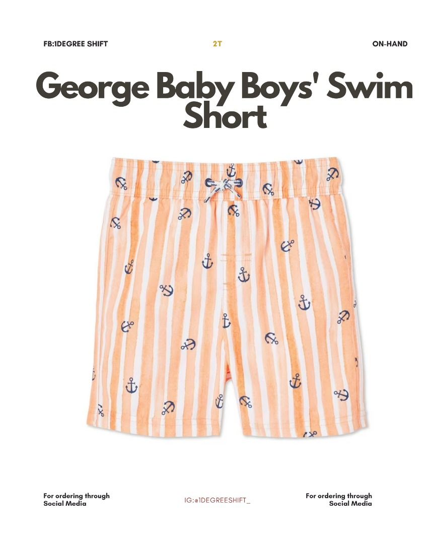 George Baby Boys' Swim Short - Assorted (Category: Babies & Kids Fashion) located in Caloocan City. Submitted by beady06 (Listing ID 1439593949, Image 2). Description: George baby boys' swim shorts. Available in various colors and patterns, including blue, orange, pink, and a checkered design. Sizes available are 2T and 18-24M, and 3-6 months. Perfect for your little one's beach or pool days. Made from a lightweight and quick-drying material..