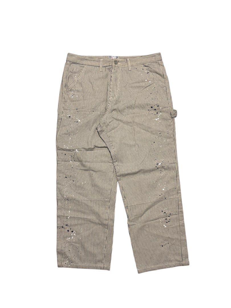 GOODNIES Hickory Stripe Double-Knee Painter Pants (Category: Jeans) located in Cagayan de Oro. Submitted by thatsdopethrift (Listing ID 1439589629, Image 1). Description: GOODNIES is a highly sought-after South Korean heritage/vintage label known for high-quality, heavy-duty workwear aesthetics. Features a classic heavyweight hickory stripe twill with reinforced double-knee front paneling, a hammer loop, and a side tool pocket. Stands out with it