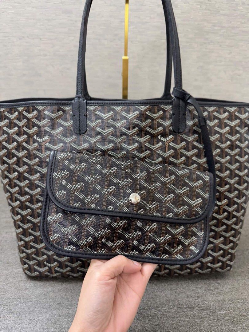 Goyard St. Louis Tote Bag (Category: Luxury Bags & Wallets) located in Manila. Submitted by decluterthings888 (Listing ID 1439428174, Image 1). Description: - Authentic Goyard St. Louis tote bag - Color: Brown and Black - Features the signature Goyardine pattern - Includes a detachable pouch - Black leather handles and trim - Goyard logo on the bag's bottom - Minor wear visible on handles ❌NO LOW BALLER ❌see photos .